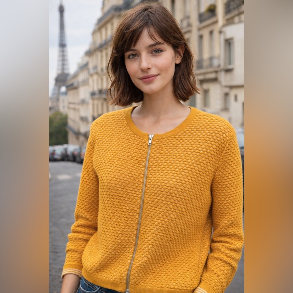 Monoprix Femme France Women Sweater‎ L Honeycomb Full Zip Mustard